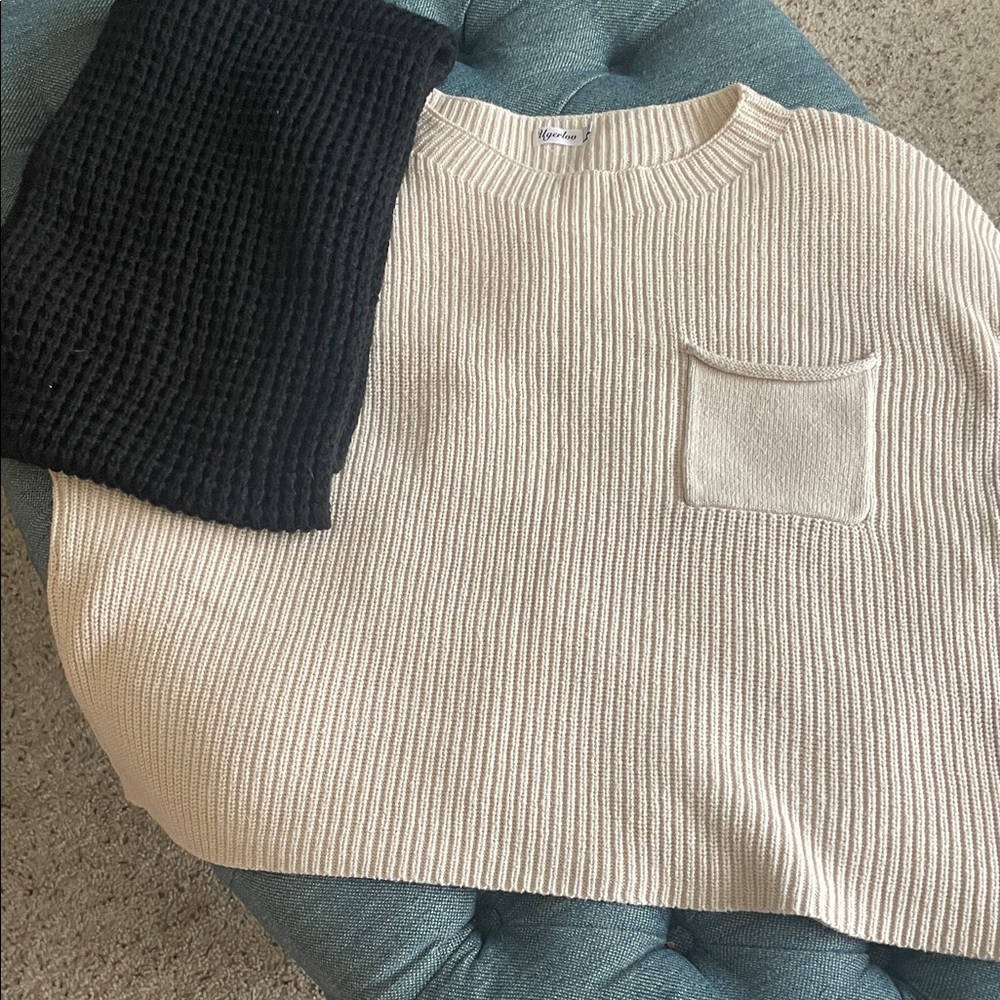 Cream Ribbed Sweater with Pocket